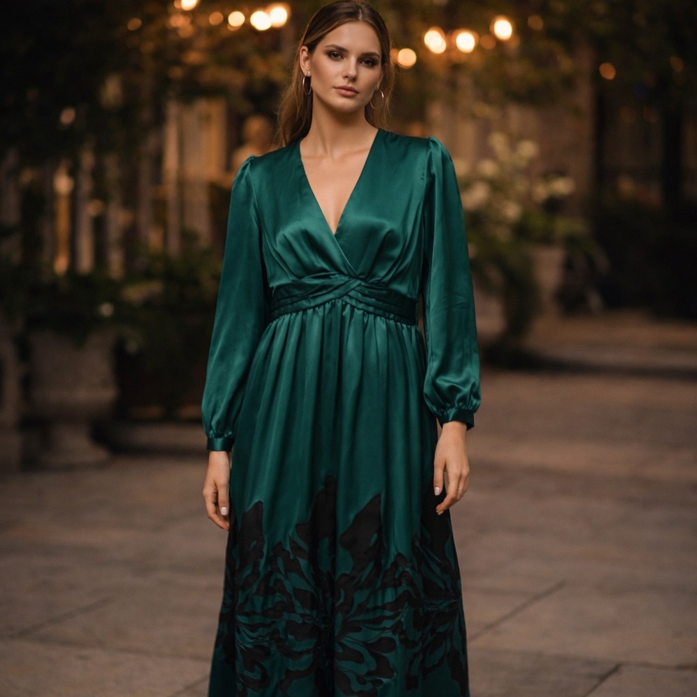 Nikasha Emerald Satin Embroidered Maxi Dress Size Small New Anthropologie